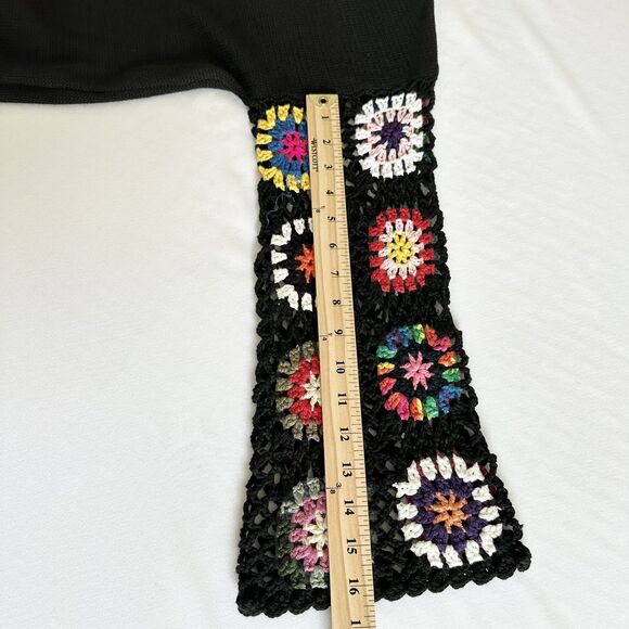 Black Open Front Cardigan Medium Crochet Colorful Granny Square Sleeve Boho - Picture 12 of 13